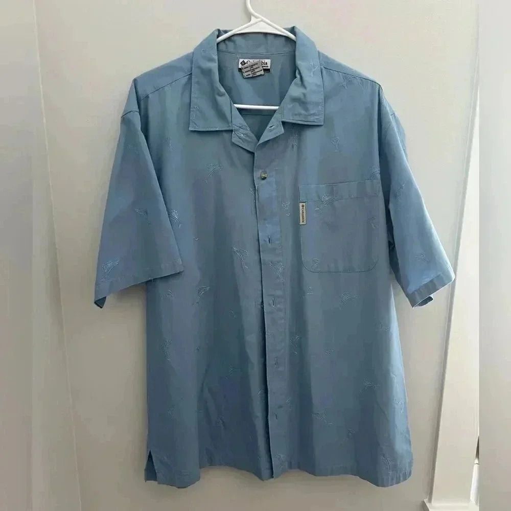 Blue Swordfish embroidered Columbia short sleeve button up